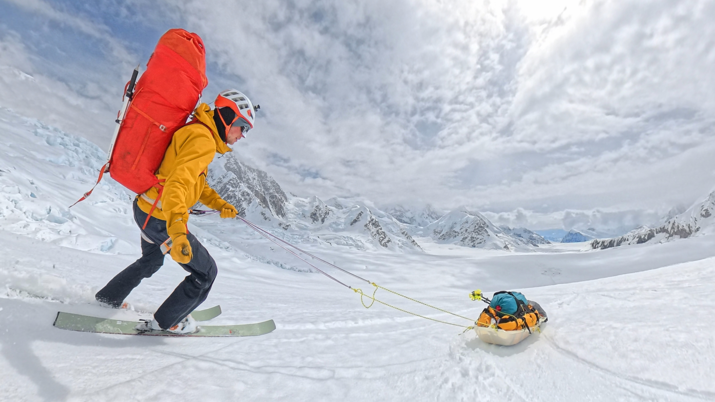 Skiing down to Camp 1 with the sled